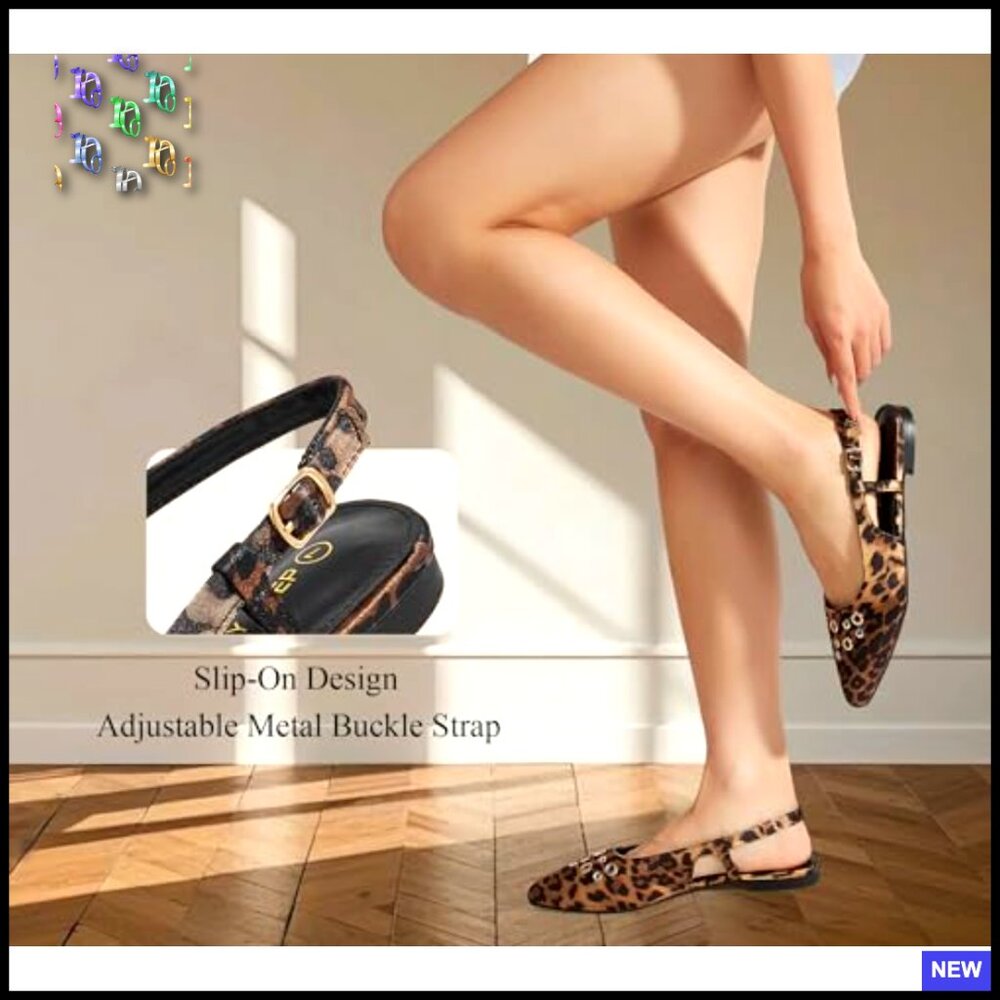 Studded Slingback Flats Pointed Toe Adjustable Buckle Strap Low Heel Sandals - Picture 7 of 7